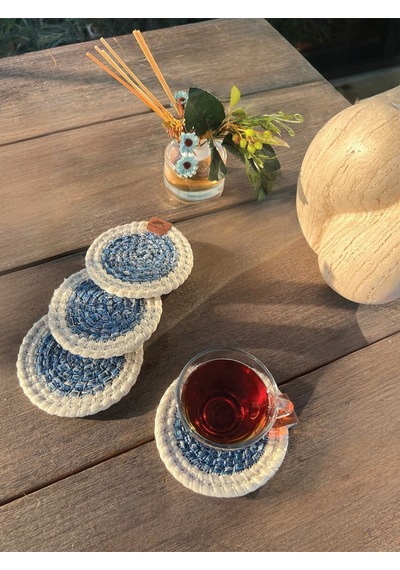 4 Adet Yuvarlak Bardak Altlığı- Leke Tutmaz- Beyaz-mavi 13x13 Cm Beyaz - Mavi