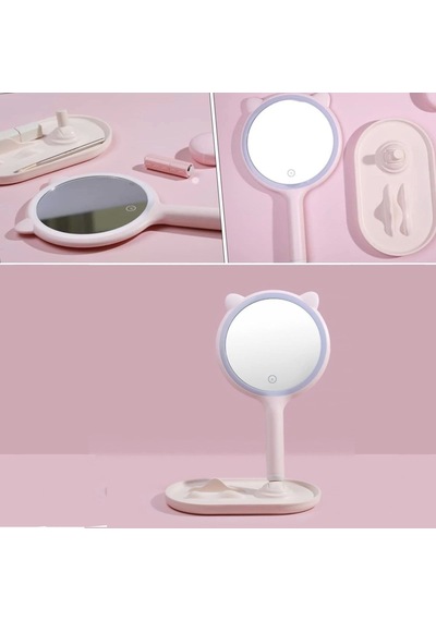 Kedi Kulaklı Telefon Standlı Yuvarlak Dokunmatik Led Ayarlı Masa Üstü Makyaj Aynası