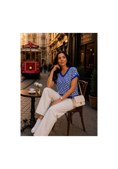 Hira Life Fashion Sfg Life Moda Kadın V Yaka Kare Desenli Şık Süveter Mavi Mavi