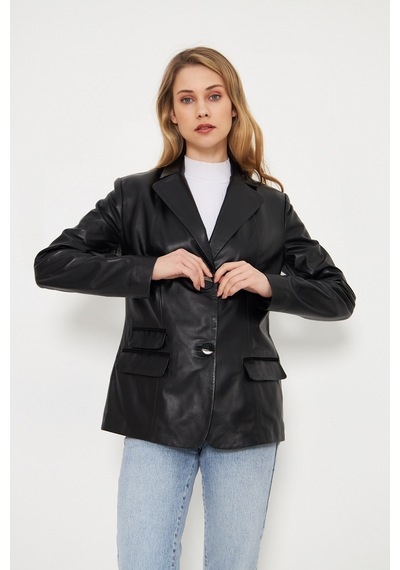 M M Marki Marki Kadın Hakiki Deri Blazer Ceket - Siyah, Düğme Kapamalı, Fit Kesim, 67 Cm - 116722