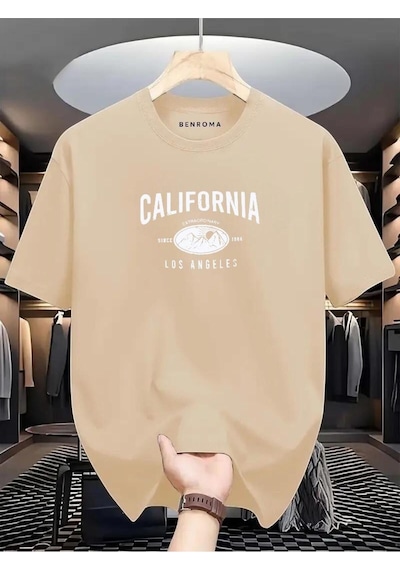 Calıfornıa Los Angeles Baskılı Oversize Tişört Bej