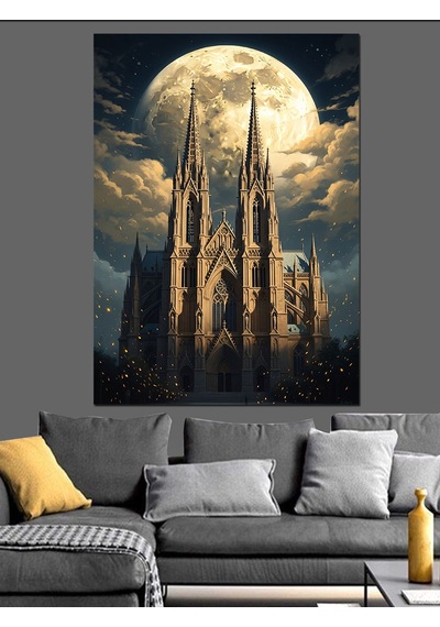 Gece Işıkları Altında Gotik Katedral Dekoratif Kanvas - Mdf Ahşap Tablo