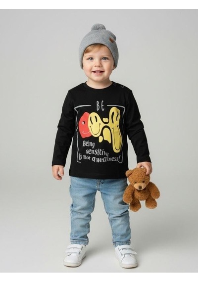 Zekids Erkek Bebek Pamuklu Emoji Baskılı İnce Uzun Kollu T-shirt-12532 Siyah
