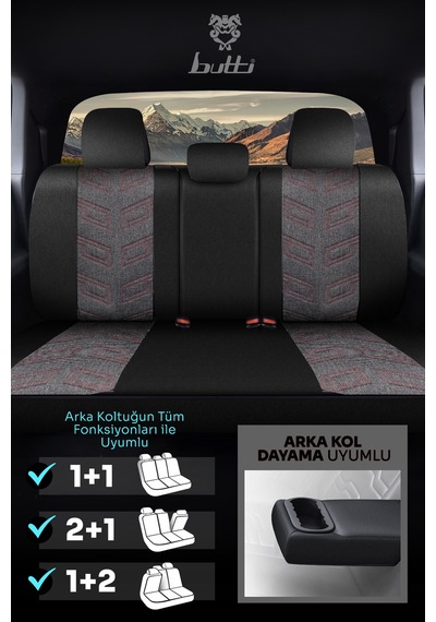 Siyah - Kırmızı Butti Bello Serisi Keten Kumaş Premium Oto Koltuk Kılıfı Ortopedik Destekli, Ön Arka Tam Set