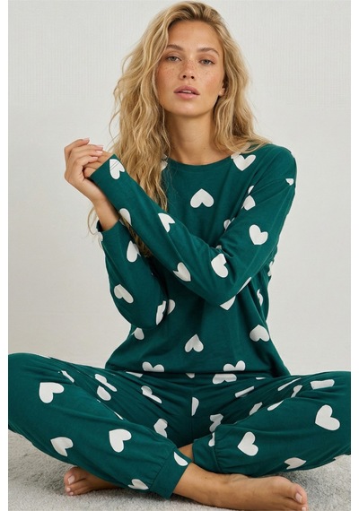 Siyah İnci Yeşil Beyaz Kalp Baskılı Örme Pamuklu Pijama Takımı7613