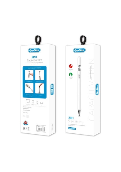 Go Des GD-P1203 Tüm Cihazlar ile Uyumlu Dokunmatik Kalem Passive 2 in 1 Yazı & Çizim Kalemi - ZORE-260226 Beyaz
