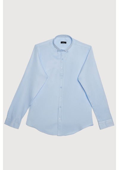 Tudors Erkek Slim Fit Dar Kesim Pamuklu Kolay Ütü Mavi Düğmeli Yaka Gömlek-31590 Mavi