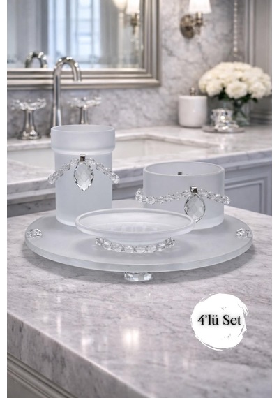 Modern Kristal Detaylı 4 Lü Tepsili Banyo Aksesuar Seti Beyaz