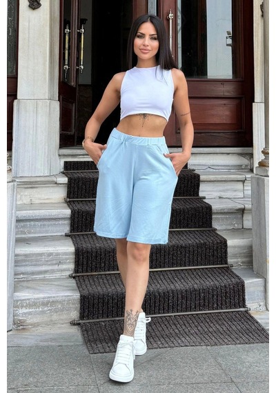 WeShaya Kadın Bebe Mavi Duble Paça, Beli Lastikli Terletmez, Cepli, Salaş Kapri Şort Bebe Mavi