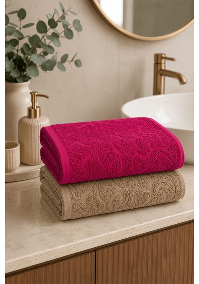 2'li Jakarlı Büyük Boy Banyo Havlusu 90x150 Cm %100 Pamuk Lorea 650 Gr Bej-fuşya