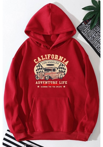 Uyguntarz Unisex California Baskılı Kapüşonlu Sweatshirt Kırmızı
