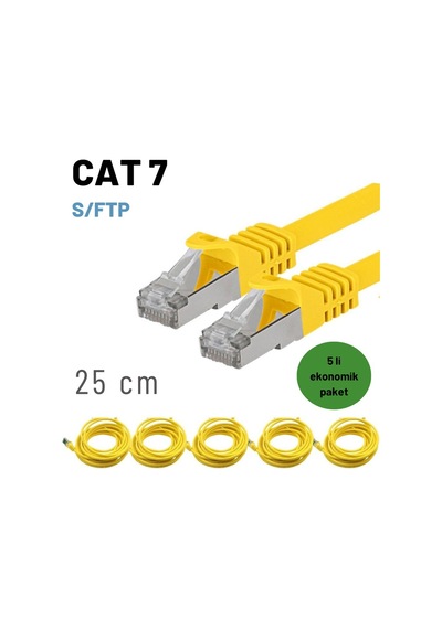 5 Adet 25 Cm Sarı , Cat7 Kablo S/ftp Ethernet Network Lan Ağ Kablosu