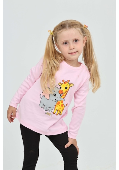 Toontoy Kız Çocuk Zürafa Fil Baskılı Sweatshirt Pembe
