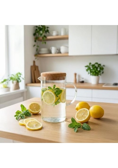 Tr Mantar Kapaklı Borosilikat Cam Sürahi 2 Litre - Isıya Dayanıklı Minimalist Karaf Ve Detoks Şişesi