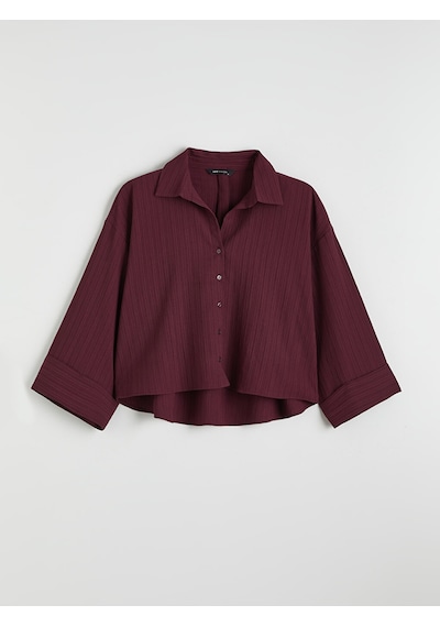 Lcw Vision Bordo Çizgili Oversize Kadın Gömlek