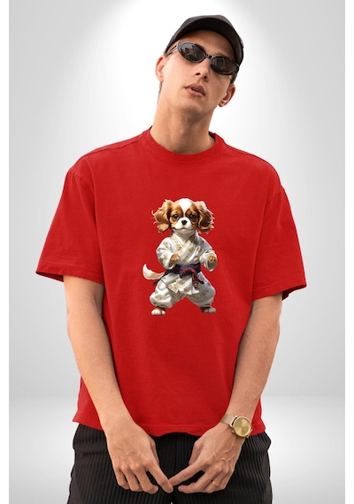 Cavailer King Charles Spaniel Karate Pamuklu Bisiklet Yaka Unisex Oversize Boyfriend Dijital Baskılı Kırmızı T-shirt Kırmızı