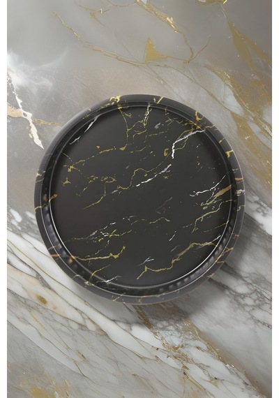 Ef163-50 Marble Black Desenli Yuvarlak Tepsi 36 Cm Desenli