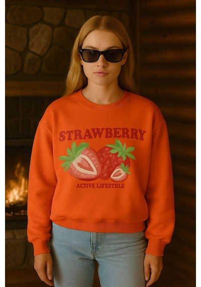 Benroma 3 İplik Penye Strawberry Baskılı Unisex Sweatshırt Turuncu
