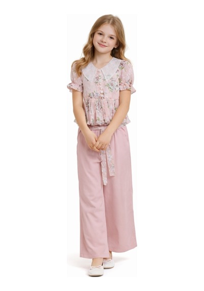 İrem Çocuk Giyim Kız Çocuk Çiçek Desenli Güpürlü Gömlek Geniş Paça Pantolonlu Pudra Renk İkili Takım Pudra İrem Çocuk Giyim Kız Çocuk Çiçek Desenli Güpürlü Gömlek Geniş Paça Pantolonlu Pudra Renk İkili Takım Pudra