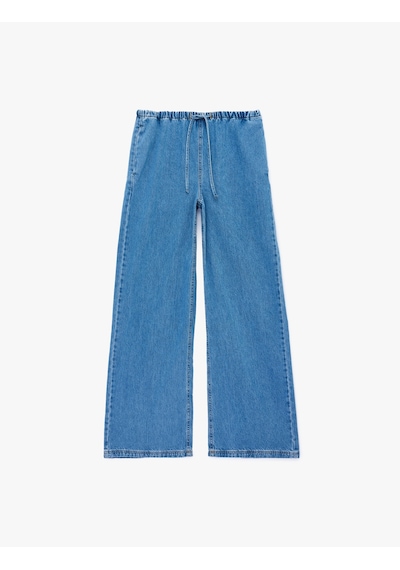 Koton Beli Bağcıklı Cep Detaylı Bol Paça Denim Pantolon Açık İndigo 6sal40041md