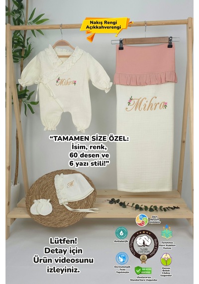 Gros Shop Müslin Yeni Doğan 4katlı Organik %100pamuk Kişiye Özgü Nakışlı Hastane Çıkış Seti Papatya Model-11 Ekru-2