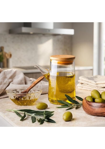 330 Ml 0,33 Litre Bambu Kapaklı Borosilikat Cam Yağlık Ve Sirkelik - Damlatmaz Uçlu, Isıya Dayanıklı Şeffaf Sıvı Yağ Şişesi Ve Mutfak Sosluğu Çok Renkli