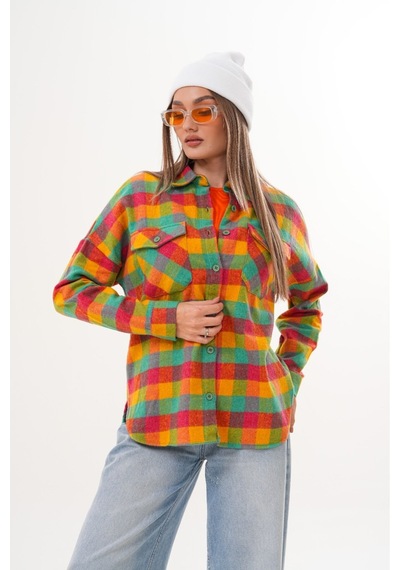 Mamayaga Kadın Desen Bloklu Oduncu Oversize Bol Ve Geniş Kalıp Casual Cepli Yakalı Ceket Gömlek Sarı