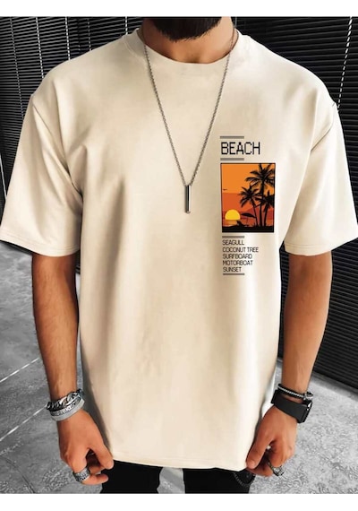 T-shirt - Beach Baskılı Oversize Bisiklet Yaka Kısa Kol Tişört Bej