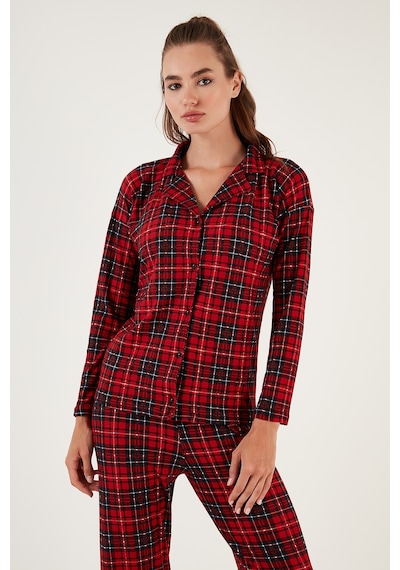 Lela Desenli Beli Lastikli Gömlek Yaka Dokuma Bayan Pijama Takımı 6095660W4 Kırmızı-Lacivert