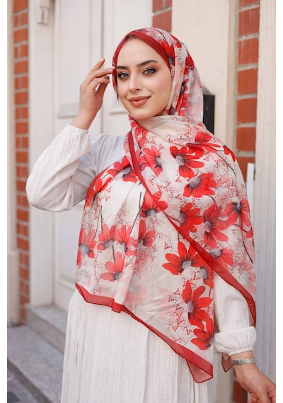 Mimiyum Papatya Desen Nayf İpek Şal - Nar Çiçeği