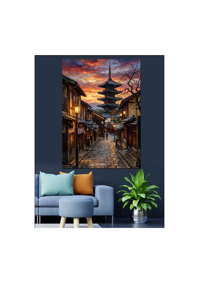 Gece Işığında Tarihi Japon Sokağı Yağlı Boya Dokulu Kanvas Tablo Canvas Tablosu