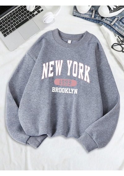 Startmore Startmorenew York Brooklyn 1955 Baskılar Tişörtü Kadın Bisiklet Yaka Rahat Kapüşonlular Gevşek Polar S Gri