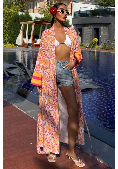WeShaya Kadın Multi Desenli Kruvaze Keten Kimono Çok Renkli