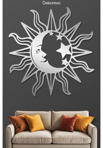 Mistik Kozmos Güneş Ve Ay Metal Duvar Dekoru - Metal Duvar Sanatı - Krom - 30 X 30 Cm