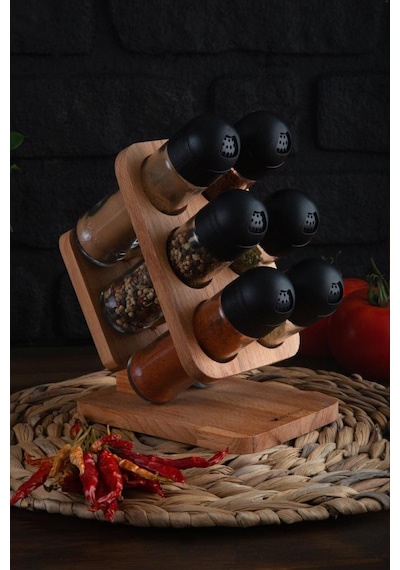 Ahşap Standlı Baharatlık Takımı Julia 6'Lı Kapaklı Baharatlık Set