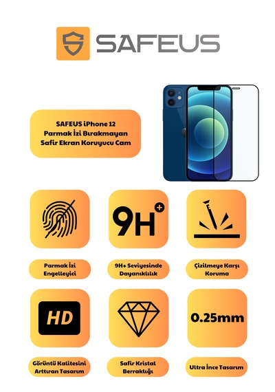 Safeus Tam Kaplayan Parmak İzi Bırakmayan Safir Ekran Koruyucu Cam , Apple Uyumlu iPhone 12 İle