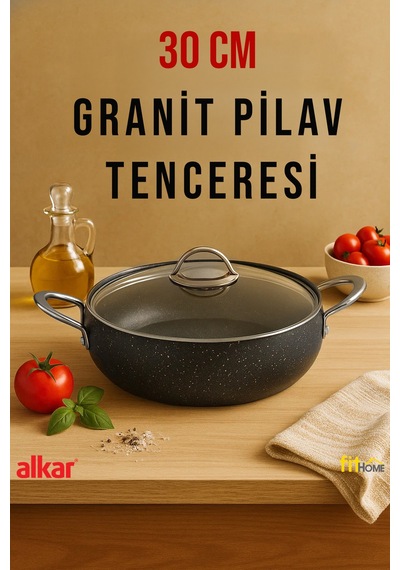30 Cm Granit Yanmaz Yapışmaz Fırına Girebilir Büyük Boy Karnıyarık Pilav Tenceresi Siyah