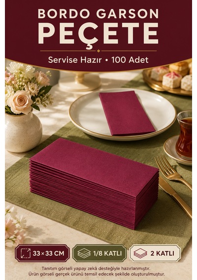 33x33 Cm Bordo Garson Katlama Peçete 100 Adet 2 Katlı Kadınlar Günü Davet Parti Sofra Kağıt Peçetesi