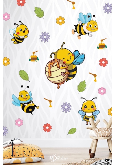 Sevimli Arılar Çiçekler Ve Yapraklar Çocuk Bebek Odası Duvar Cam Dolap Sticker Seti, Arı Sticker