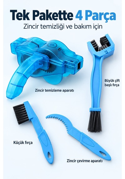 4 Parçalı Bisiklet Zincir Temizleme Ve Bakım Seti, Fırçalı Dişli Aparatı Açık Mavi