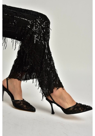 Fox Shoes Y726462415 Siyah File Boncuk İşlemeli İnce Topuklu Ayakkabı Siyah