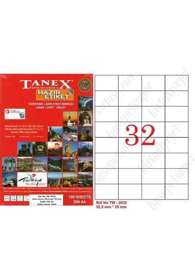 Tanex Tw-2032 Ebat 52 X 35 MM Lazer Etiket A4 Sayfada 32 Etiket