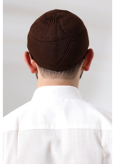 Kahve Süper Namaz Dantel Detaylı Örme Orlon Namaz Takkesi