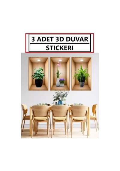 Stıcker 3d Duvar Stıckerı Ev Balkon Üç Boyutlu Üçlü Set Yapışkan Çiçek Vazo Tablo Görünümlü Yapışkanlı Etiket Kahverengi