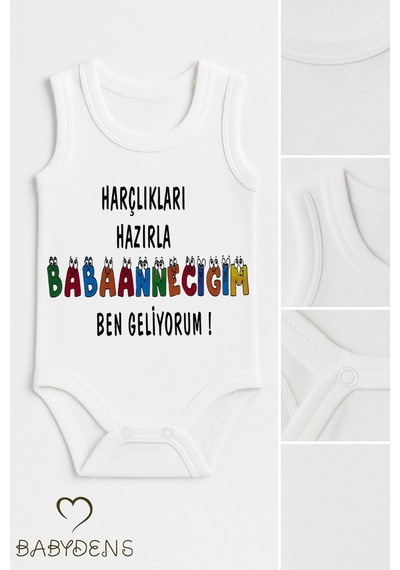 Babyden's Harçlıkları Hazırla Babaannecim Ben Geliyorum Yazılı Kolsuz Bebek Body Pamuk Yazlık Çıtçıtlı Zıbın Beyaz