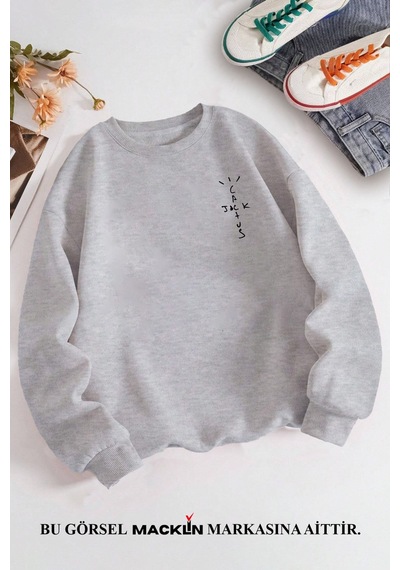 Macklin Unisex Kadın Erkek Travis Scott Cactus Jack Özel Tasarım Baskılı Bisiklet Yaka Sweatshirt Gri2 Mck1301 Gri