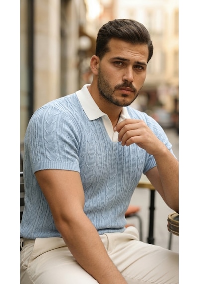 Veraura Lifestyle Erkek Desenli Kısa Kollu Triko Tişört - %100 Pamuk Akrilik Bebe Mavisi