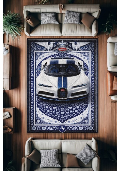 Bugatti Chiron Araba Desenli Halı Dijital Baskı Yıkanabilir Kaymaz Taban Leke Tutmaz