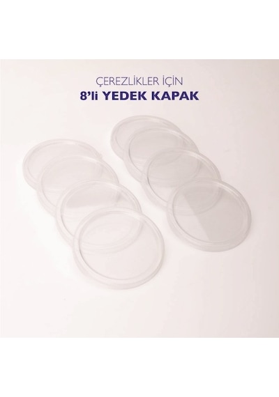 8'li Emaye Kase Çerezlik, Kahvaltılık, Reçellik, Zeytinlik, Sunumluk Kapakları 8cm Şeffaf - Beyaz