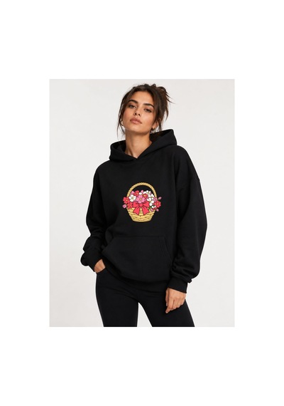 Herkesemoda Çiçek Sepeti Baskılı Kapüşonlu 2 İplik Şardonlu Sweatshirt Siyah